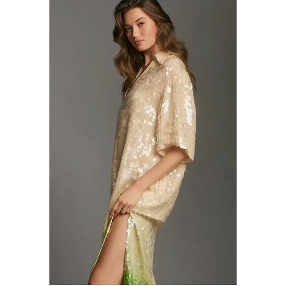 Anthropologie Dhruv Kapoor Short-Sleeve Collared Sequin Midi Dress Sze Small NWT - Picture 3 of 15